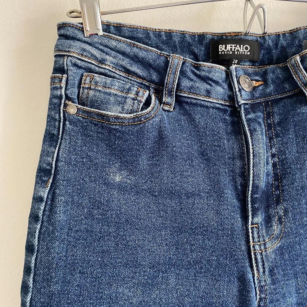 BUFFALO David Bitton Semi High Rise Slim Straight Dark Wash Distressed Hem Jeans - Picture 4 of 13
